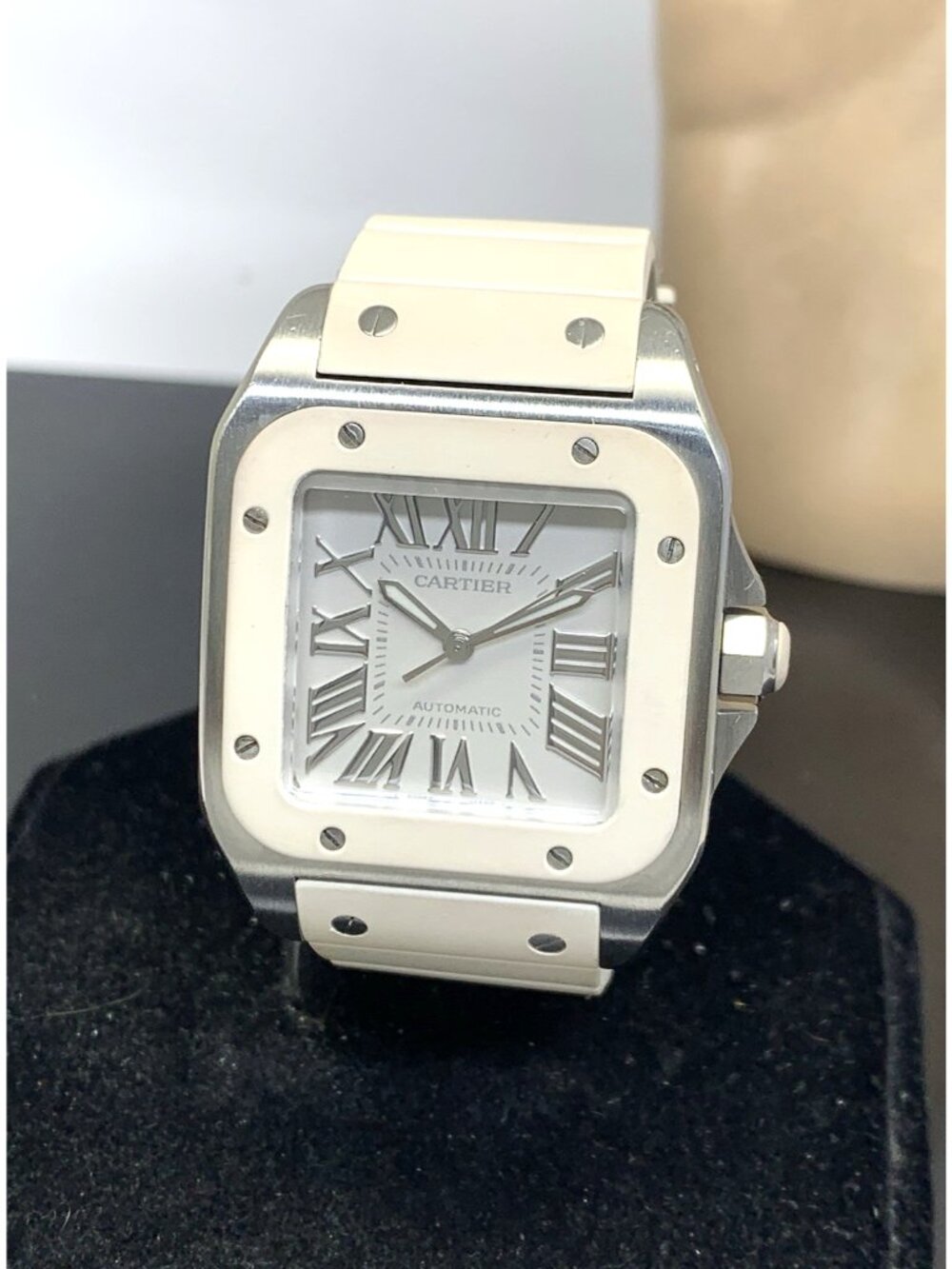 Cartier Santos 100 Women's Watch W20129U2 Swiss Automatic Rubber Strap 33mm